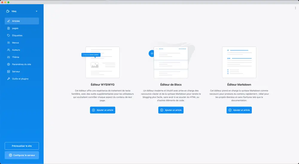 Interface de l'application publii